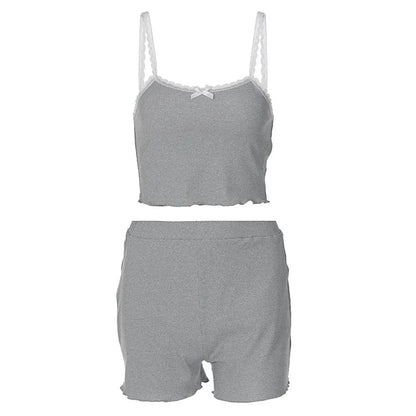 2 Pieces Sets Lace Trim Ribbed Tank Top and Shorts Woman Matching Set Clothing Summer Outfits Lounge Wear