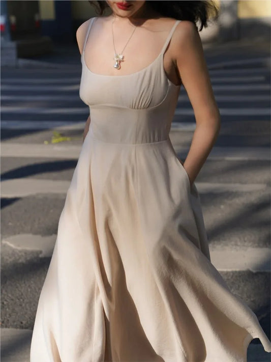 French Style Sleeveless Midi Dress Spaghetti Strap With Pockets A-line New Summer Korean Vestidos
