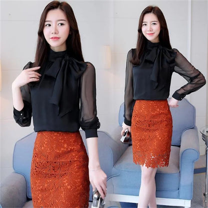 New Summer Tunic Blouse Shirts Long Sleeve Tie Bow Chiffon Turtleneck Formal White Black Shirts Df4905