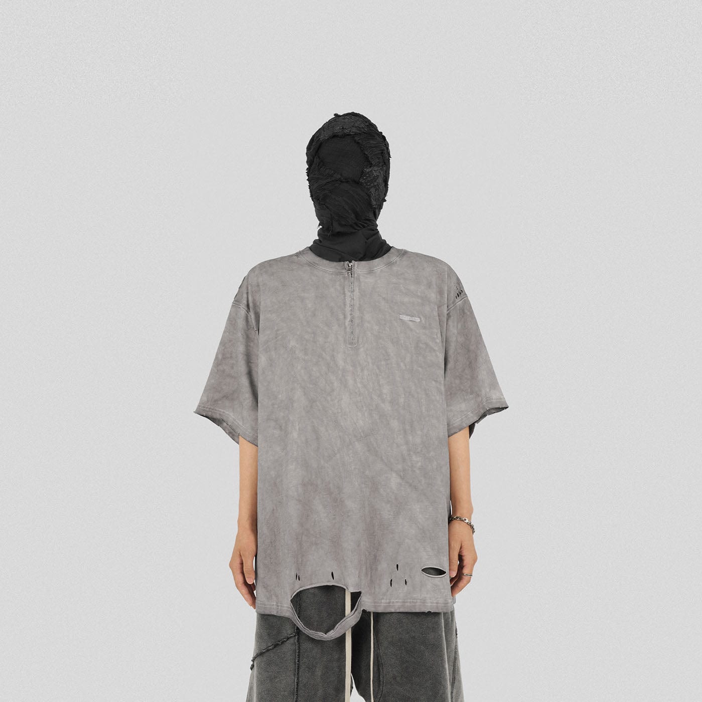 Distressed Gray Zip-up Oversized T-shirt
