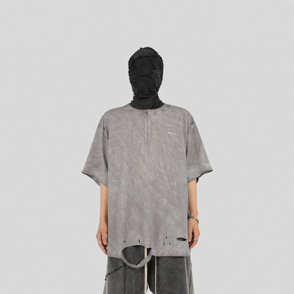 Distressed Gray Zip-up Oversized T-shirt