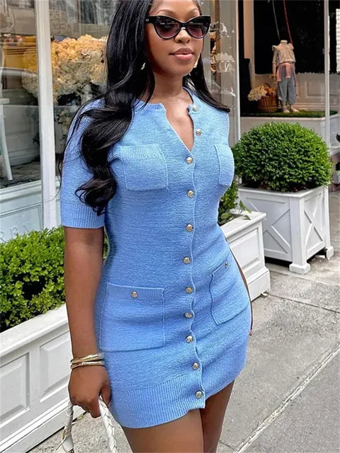 Pocket Knit Female Mini Dress Autumn Ribbed High Waist Patchwork Party Dress Knitwear Cardigan Dress