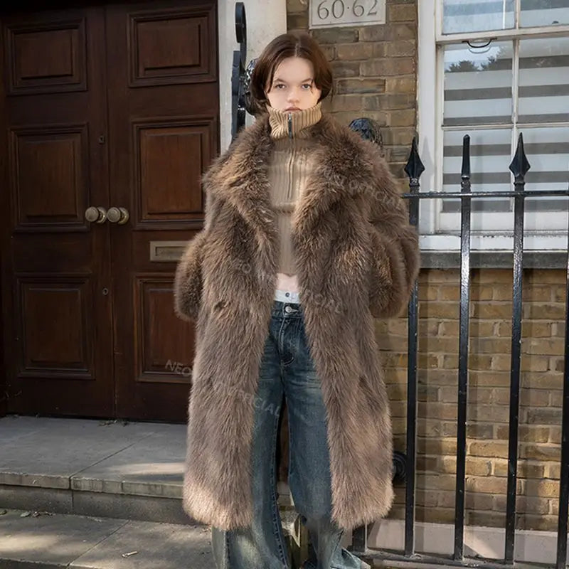 Brand Belted Long Fluffy Faux Fur Coat Winter Thicken Warm Lapel Fox Fur Collar Furry Jacket Overcoat