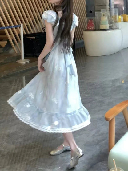 Sweet Kawaii Party Dress Lace Puff Sleeve Mini Dress Summer Korean One Piece Dress New