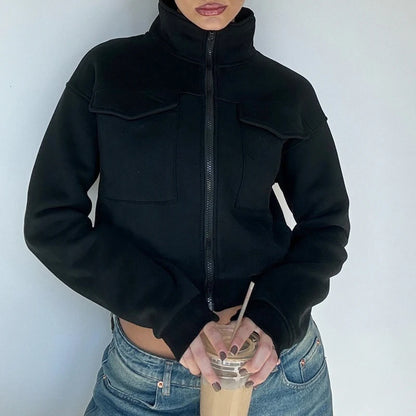 Pocket Sweatshirt Color Zipper Crop Jacket Autumn Outfits Turtleneck Y2k Coat