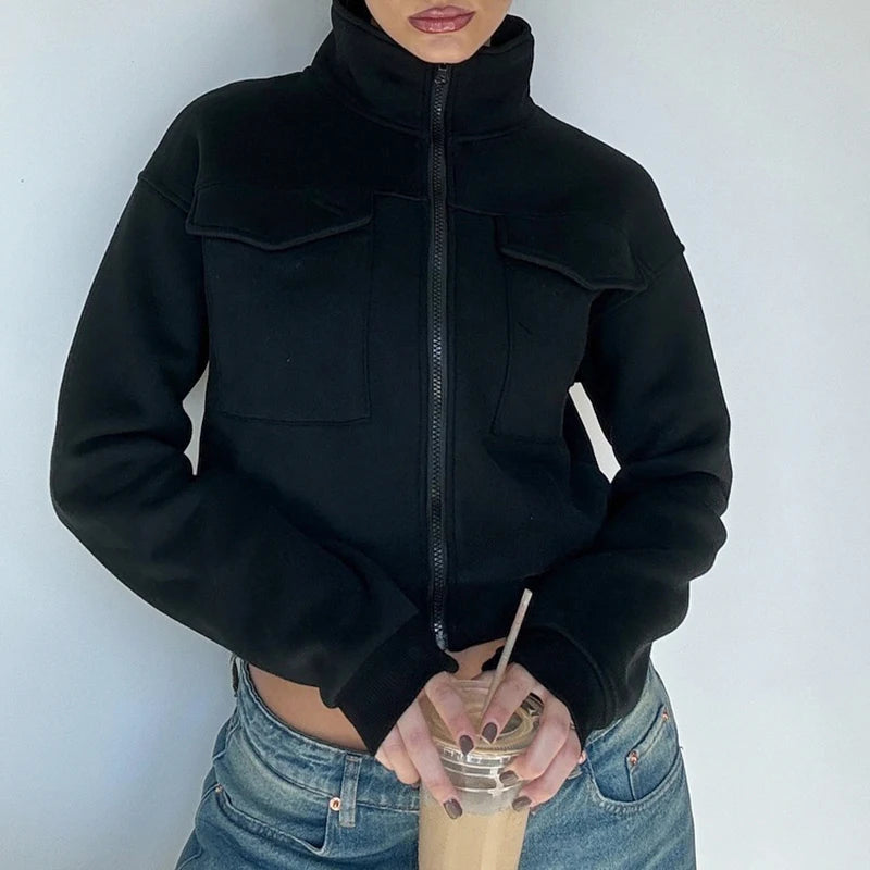 Pocket Sweatshirt Color Zipper Crop Jacket Autumn Outfits Turtleneck Y2k Coat