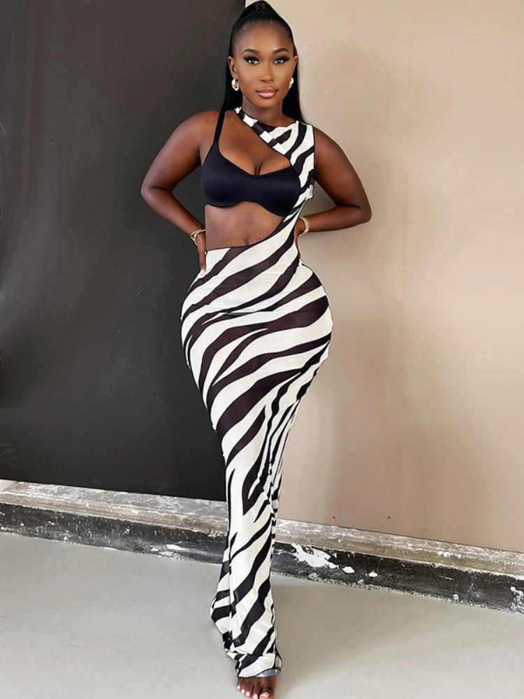 Bodycon Long Dresses for Beach Style Backless Vestidos De Mujer Hollow Out Robe Femme _t�� Y2k Clothes Zebra Print