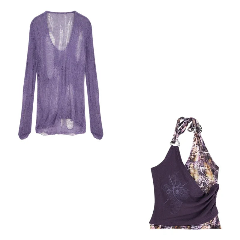 Autumn New High Street Vneck Hollow Loose Longsleeved Sweater + Patchwork Camisole Twopiece Suit