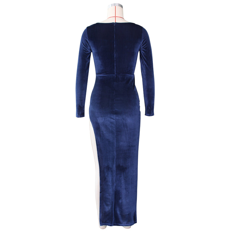 Velvet High Waist Slit Maxi Dress Long Sleeve Evening Party Dress
