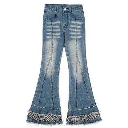 Stitch Raw Edge Ruffle Hem Flare Jeans Retro Tartan Plaid Whiskers Boot Cut Pants Grayu Y2k Korean