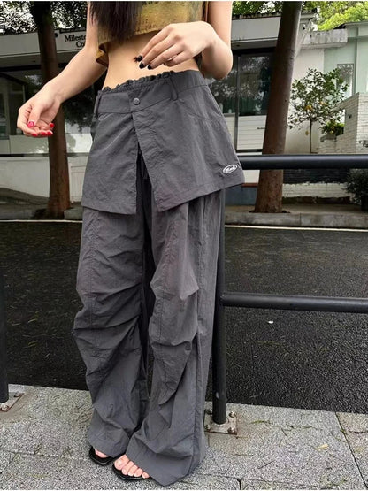 Grey Parachute Pants Woman Baggy Y2k Hip Hop Causal Patchwork Korean Straight Sweatpants Retro Trouser Summer