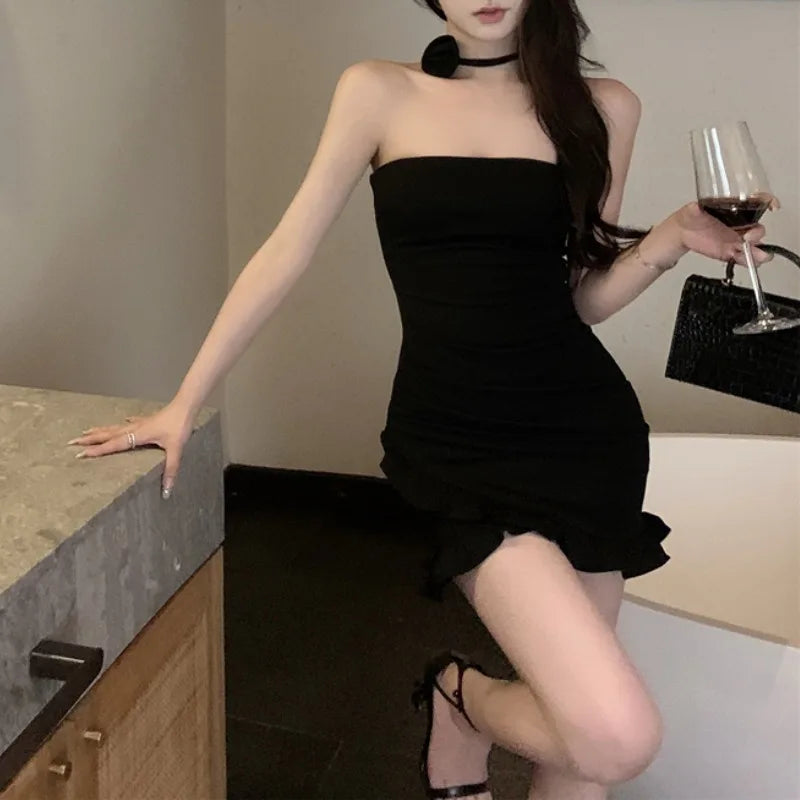 Summer Ruffles Bodycon Mini Dress French Y2k Dress Korean Retro Clothing