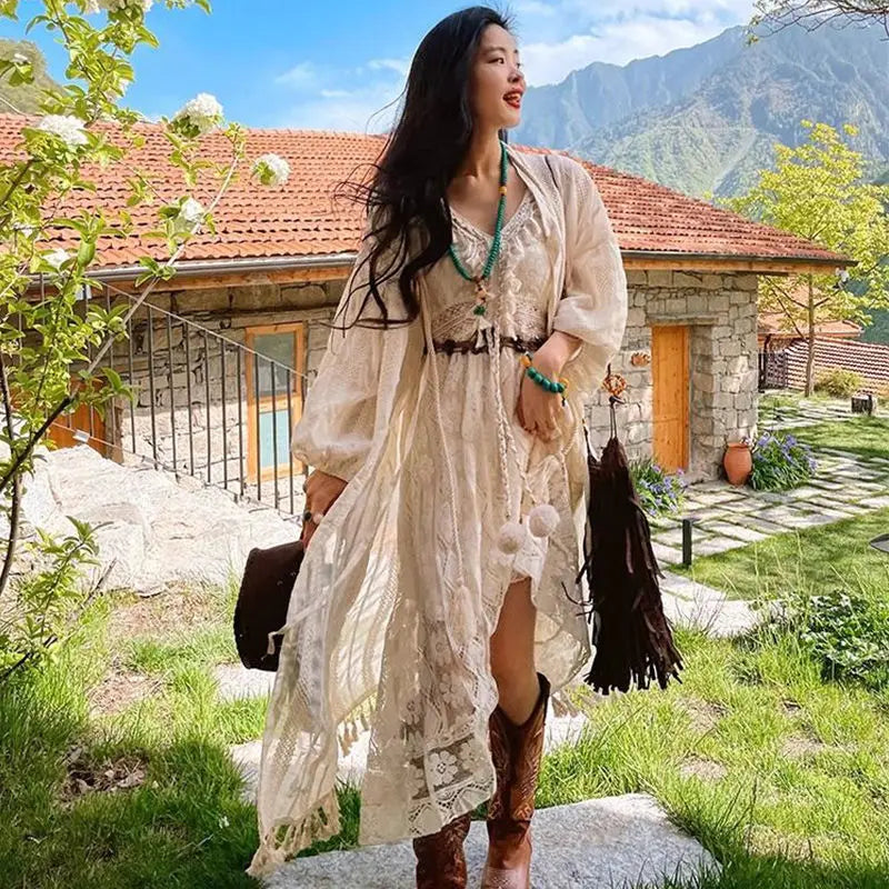 Summer Style Lantern Sleeves Tassel Lace Cardigan Apricot Sunscreen Cover Top Strap Camisole Long Dress Clothing