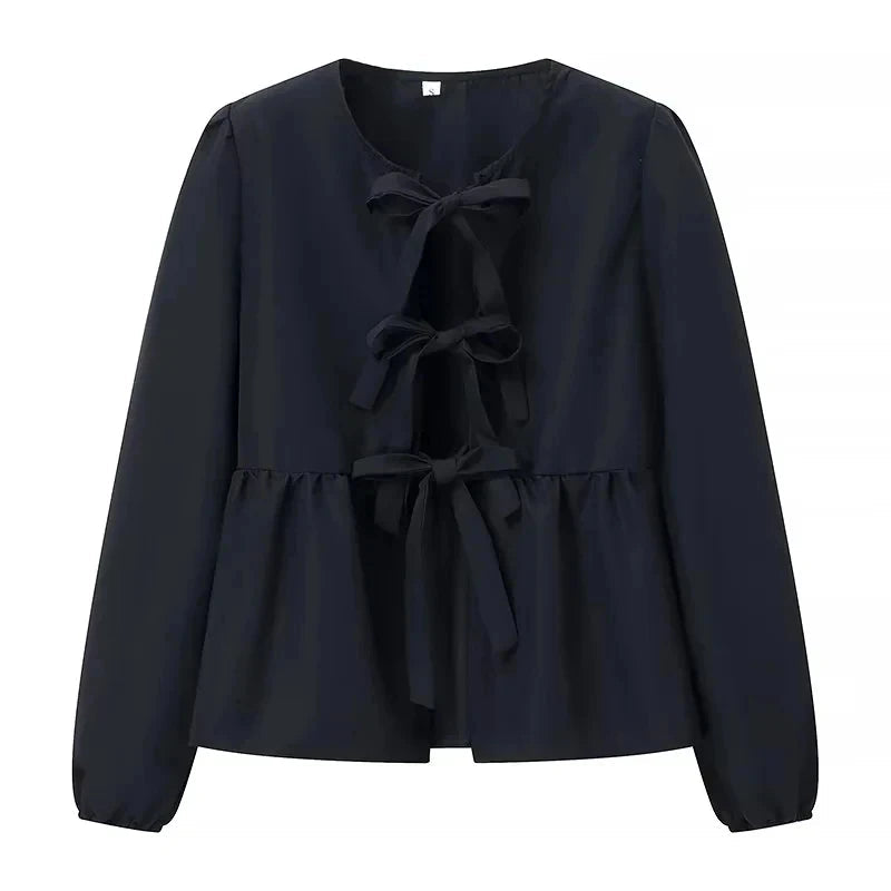 Summer Woman Bow Tied Lace Up Shirts Puff Short Sleeves Blouse Oneck Ruffle Color Tops