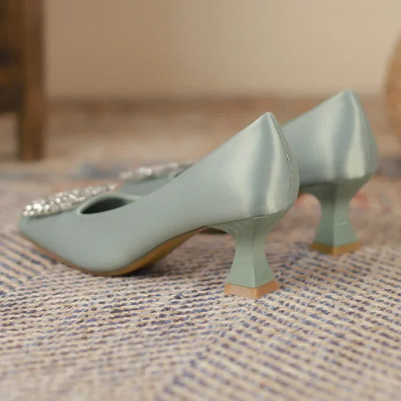 Rhinestone Satin Pumps Square Button Low Heel Office Shoes Crystal High Heels Dress Shoes