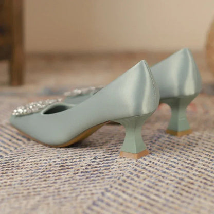 Rhinestone Satin Pumps Square Button Low Heel Office Shoes Crystal High Heels Dress Shoes