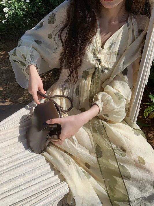 Frehcn Midi Dress Office Lady Vneck Beach Party Dress Summer Chiffon One Piece Dress Korean