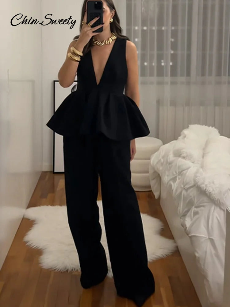 Black Pant Suit V-neck Sleeveless Ruffles Tank Tops Loose Trouser Female 2 Pieces Lady Outfits New