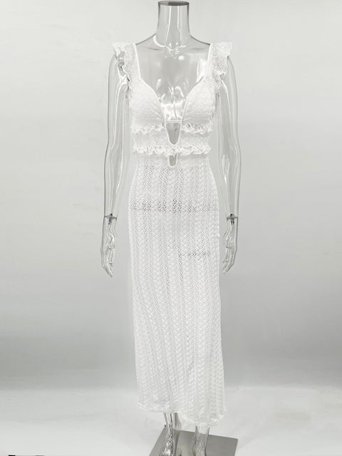 Knit V-neck Maxi Dress ’s Slim High Waist See-through Patchwork Bandage Backless Dress Female Knitwear Dress