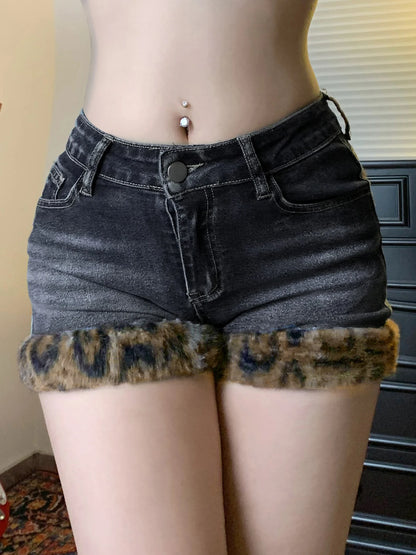 Y2k Leopard Faux Fur Spliced Jean Shorts Street Shorts Retro Exquisite