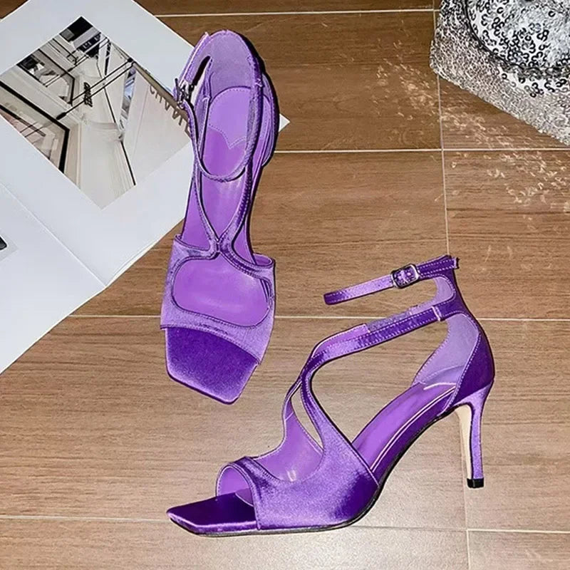 Designer Ankle Cover Strap 7cm Gladiator Sandals Square Open Toe Pink High Heels Wedding Banquet Shoes
