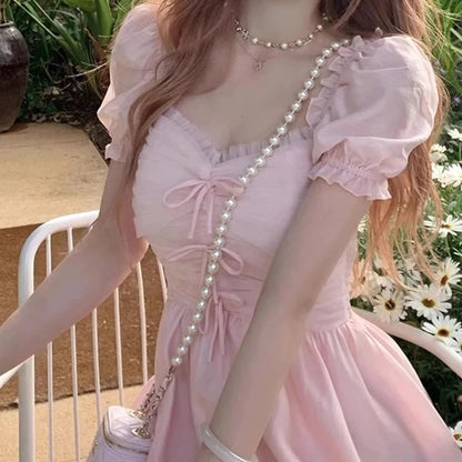 French First Love Pink Heart Neck Bubble Sleeve Dress for Summer New Princess Beach Resort Beach Skirt