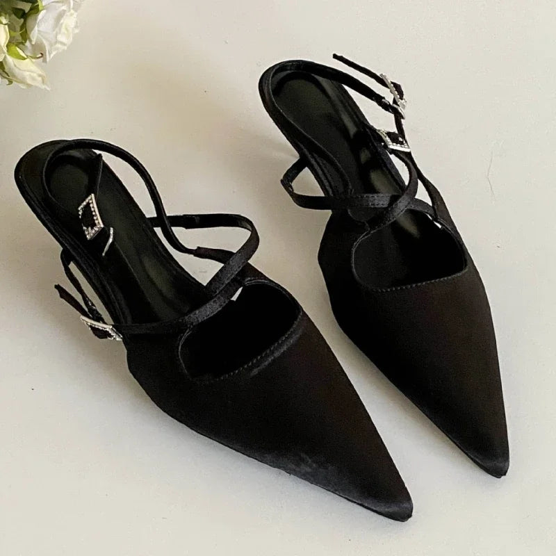 Silk Designer High Heeled Sandals Narrow Band Shallow Low Heel Office Shoes Female Pointed Toe Pumps Brand Slingback