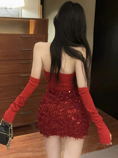 Party Mini Dresses Tassel Patchwork Sequins Halter Sleeveless Slim Bow Backless Clubwear
