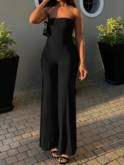 Black Strapless Long Jumpsuits for Slim Wide Leg Flared Rompers Simple Vacation Overalls