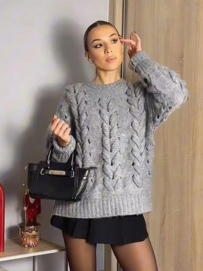 Knitted O-neck Sweaters Loose Gray Long Sleeve Pullover Sweater Woman Versatile Street Knitwear