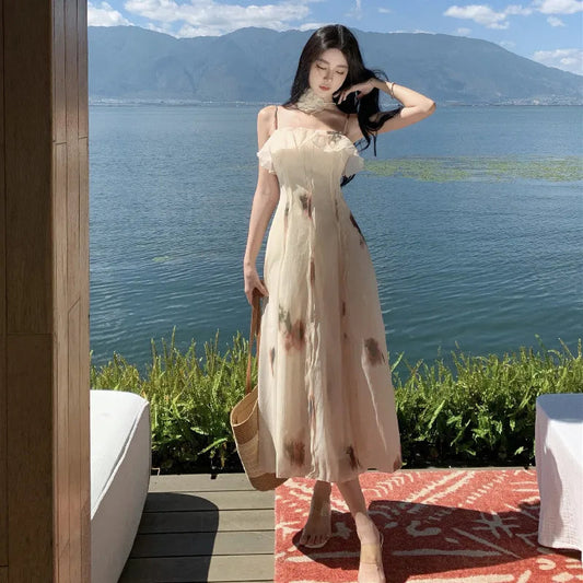 French Dress Summer New Chiffon Sleeveless Rose Print Backless Midi Dress Spaghetti Strap Dresses