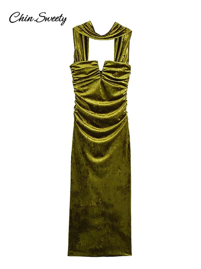 Halter Velvet Midi Dresses Backless Pleated Zipper Green Party Dress Female Spring Summer Lady Slim Fit Robes