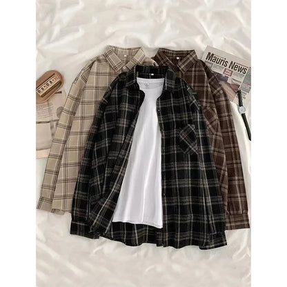 Oversized Plaid Shirts Long Sleeve Blouses Harajuku Korean Pocket Loose All Match Tops New