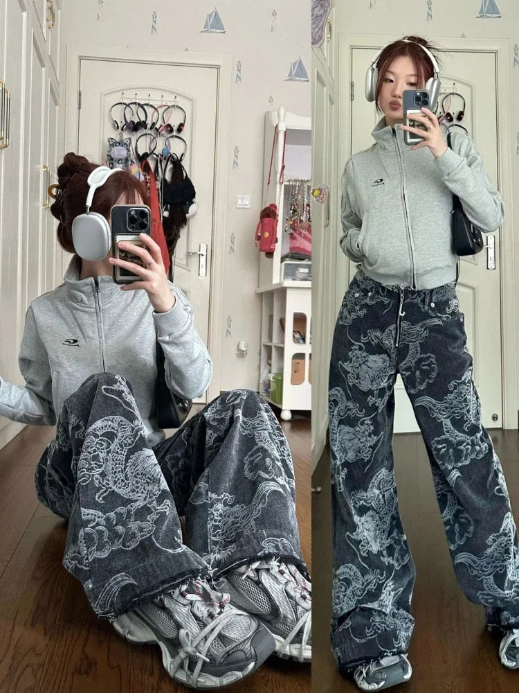 Chinese Style Jeans Y2k Baggy Dragon Print High Waist Zip Wide Leg Denim Pants Hip Hop Causal Kpop Bottoms