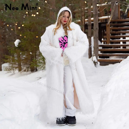 Long Eco Turkey Fur Coat Winter Tassels Faux Fur Jacket Thick Warm Fluffy Outerwear Overcoat