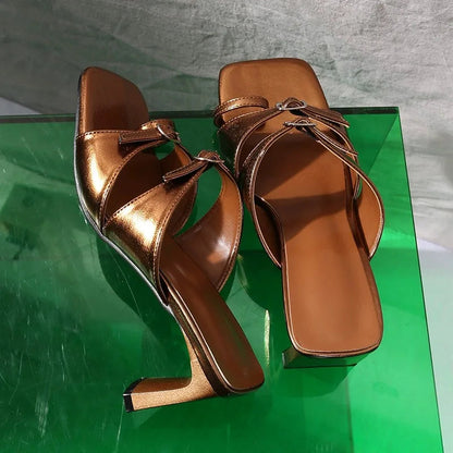 Antique Brown Patent Leather Double Buckle Strap Slides Designer Square Open Toe Low Block Heel Sandals Flip Flops Shoes