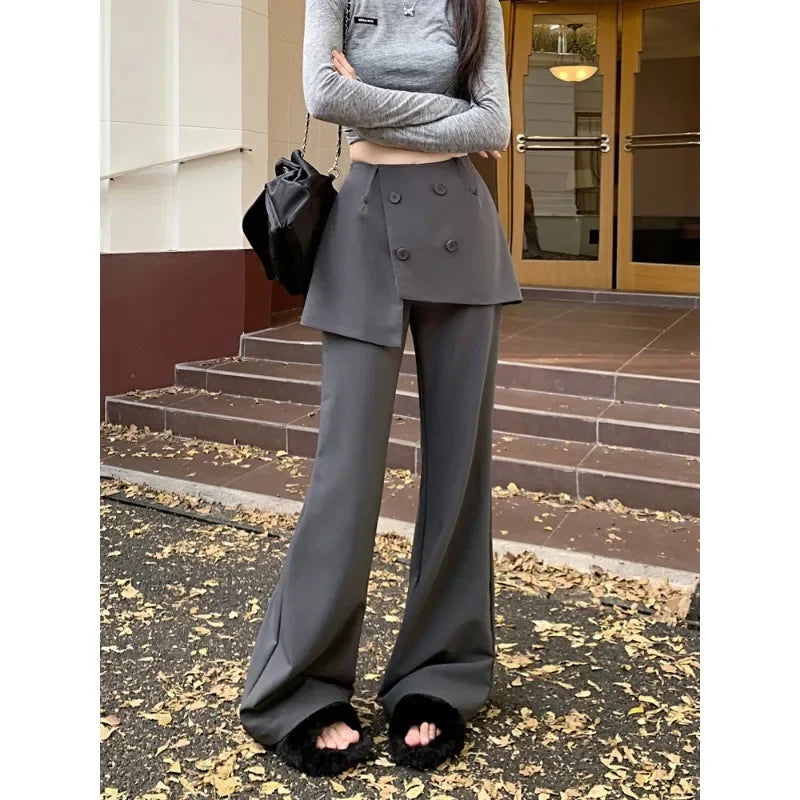 Fake Twopiece Multibutton Color Wide Leg Pants Autumn New High Waist Skirt Stitching Loose Pants