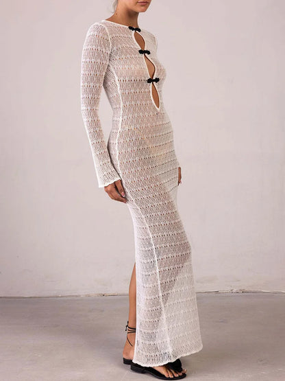 Hollow Slit Long Dress ’s Beach Cover-up Dress Floor-length Backless Mermaid Evening Gown Knit Dress