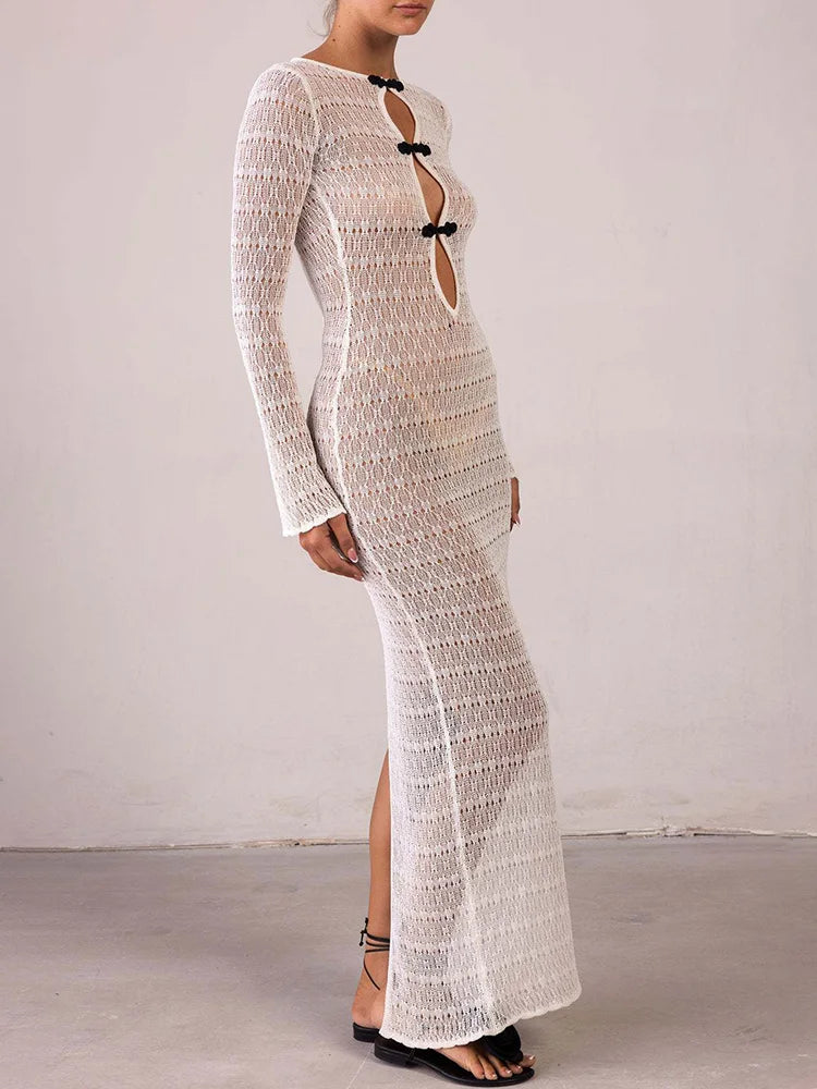 Hollow Slit Long Dress ’s Beach Cover-up Dress Floor-length Backless Mermaid Evening Gown Knit Dress