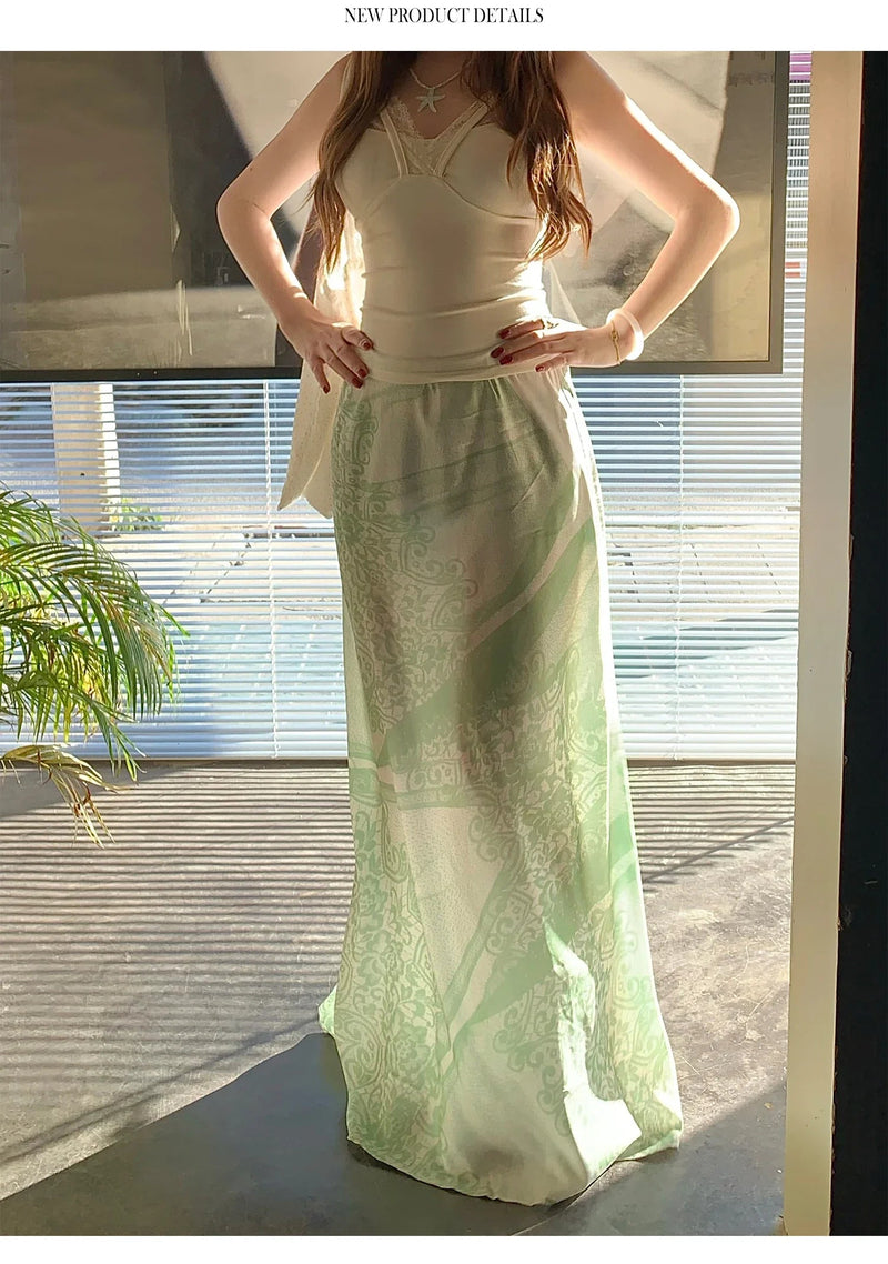 American Print Green Aline Skirt Summer New High Waist All Match Patchwork Midlength Skirt