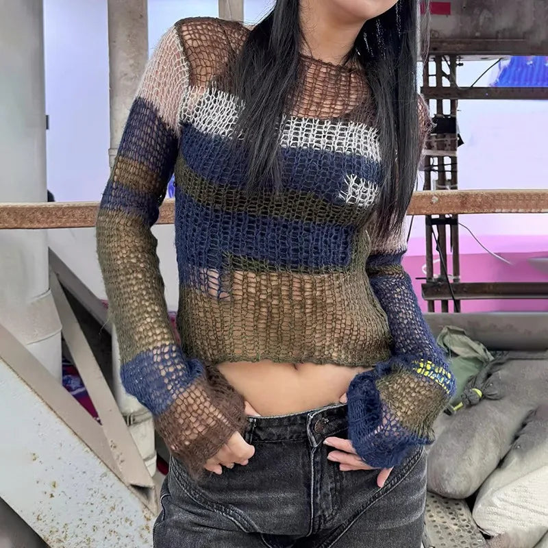 Y2k Hollow Out Sweater Patchwork Striped Knit Sweater Japanese 2000s Hole Pullover Aesthetics Crop Knit Tops