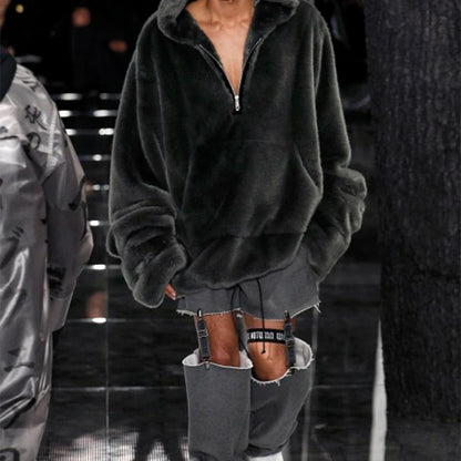 Runaway Brand Faux Fur Long Coat Big Pocket Warm Jacket Zip Hooded Fake Rabbit Fur Plush Overcoats