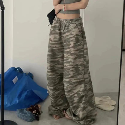 Y2k Camouflage Pants Hip Hop Baggy Pants Korean Drawstring Oversize Low Waist Summer Trousers