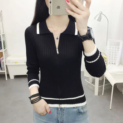 Autumn Spring Style Knitted Pullover Tops Lady Zipper V-neck Knitted Pullover Sweater Zz0972