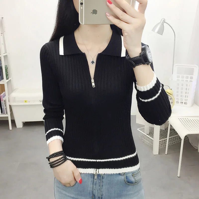 Autumn Spring Style Knitted Pullover Tops Lady Zipper V-neck Knitted Pullover Sweater Zz0972