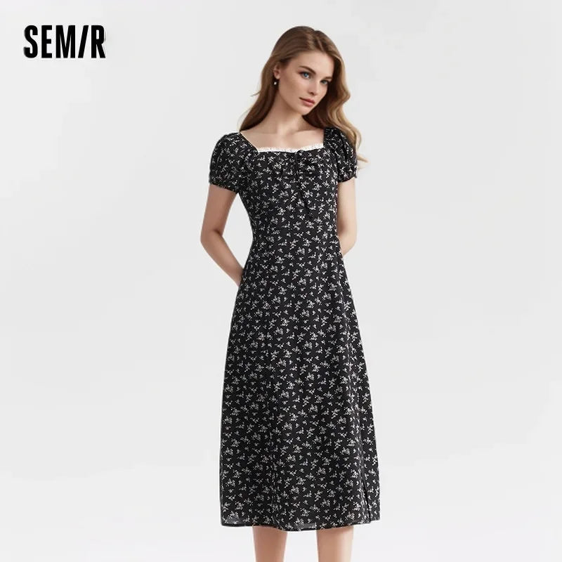 Dress Split Bubble Sleeve Medium Long Dress Summer New Square Neck Chiffon Dress Romantic