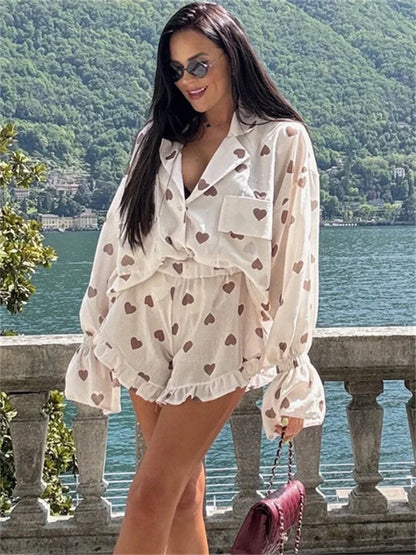 Autumn 2 Piece-set Shorts for Printed Pocket Shirts and High Waist Slim Shorts Sets Female Contrast Outfits