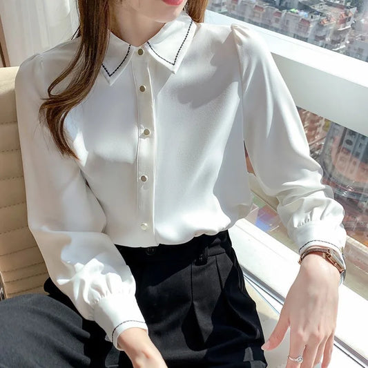 Spring Autumn Style Blouses Shirts Lady Long Sleeve Turn-down Collar Color Blusas Tops Df4959