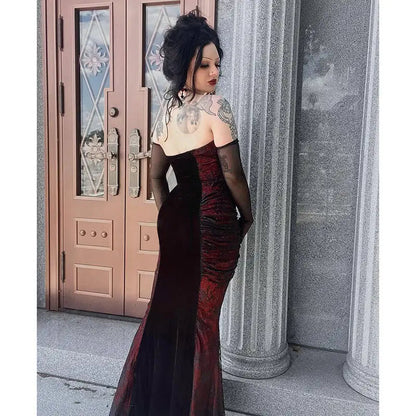Dark Gothic Strapless Off Shoudler Dress for Halloween Costume Cinched Waist Slimming Wrapped Hip Fishtail Maxi Dress