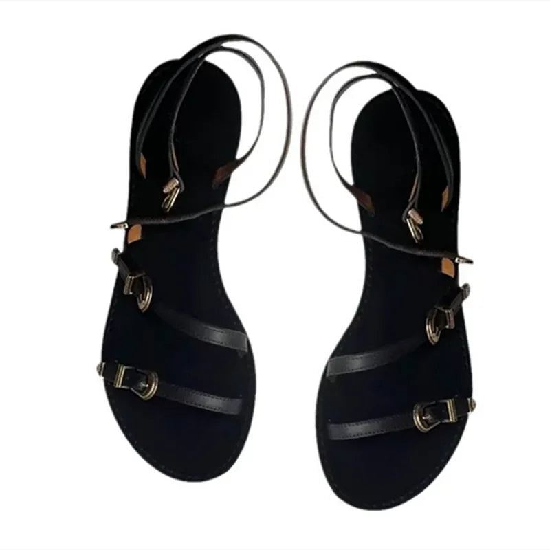 Multi Metal Buckle Design Flat Sandals Summer Open Toe Anklewrap Beach Roman Sandals Dress Shoes
